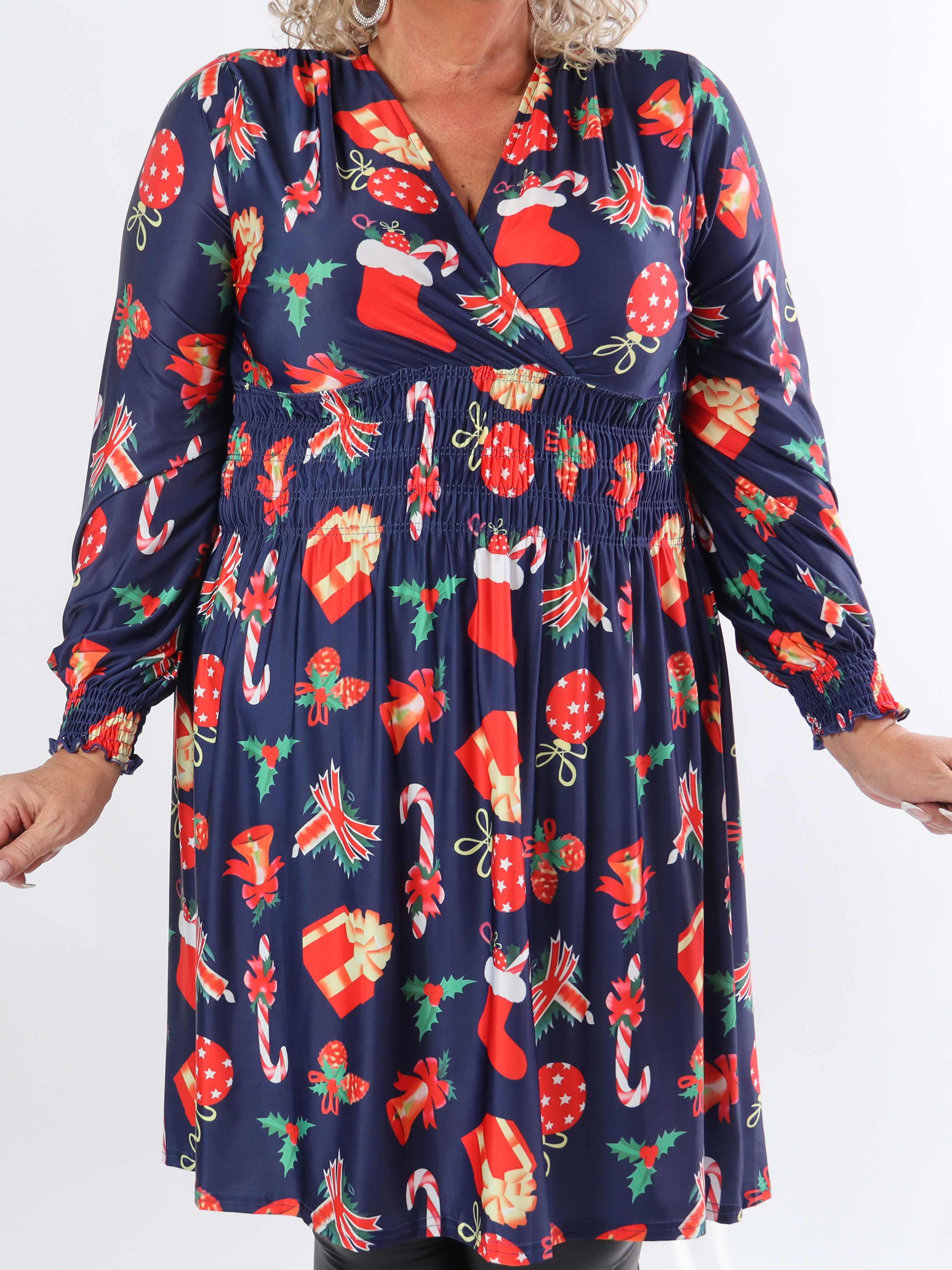 Pams Holiday Short L/S - Elastisk plus size kjole med julemotiver